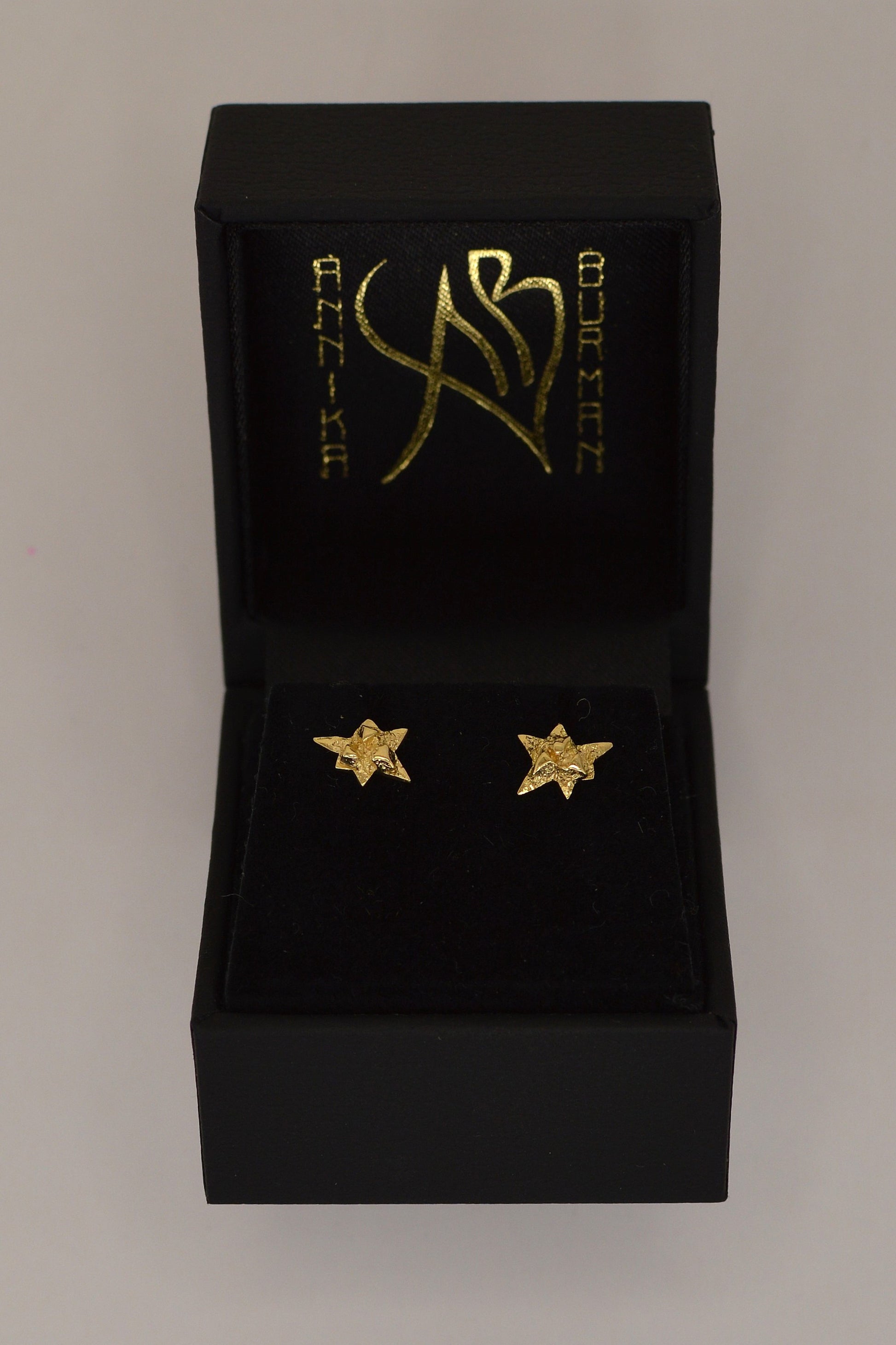 Nova gold earrings by Annika Burman in branded packaging